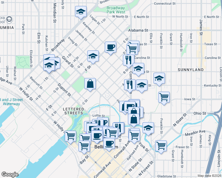 map of restaurants, bars, coffee shops, grocery stores, and more near 2106 B Street in Bellingham