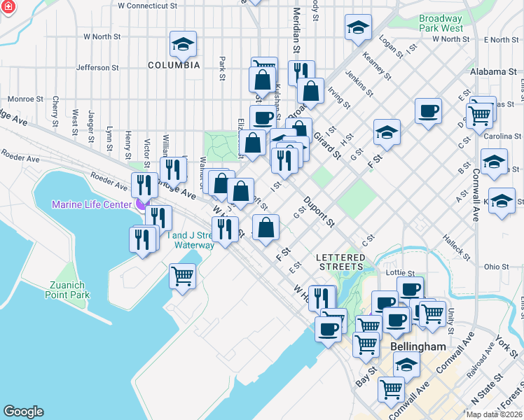 map of restaurants, bars, coffee shops, grocery stores, and more near 1408 I Street in Bellingham
