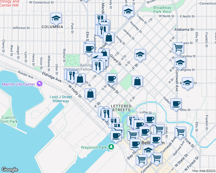 map of restaurants, bars, coffee shops, grocery stores, and more near 1610 G Street in Bellingham