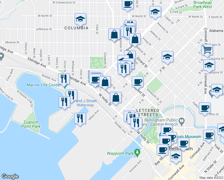 map of restaurants, bars, coffee shops, grocery stores, and more near 1408 I Street in Bellingham