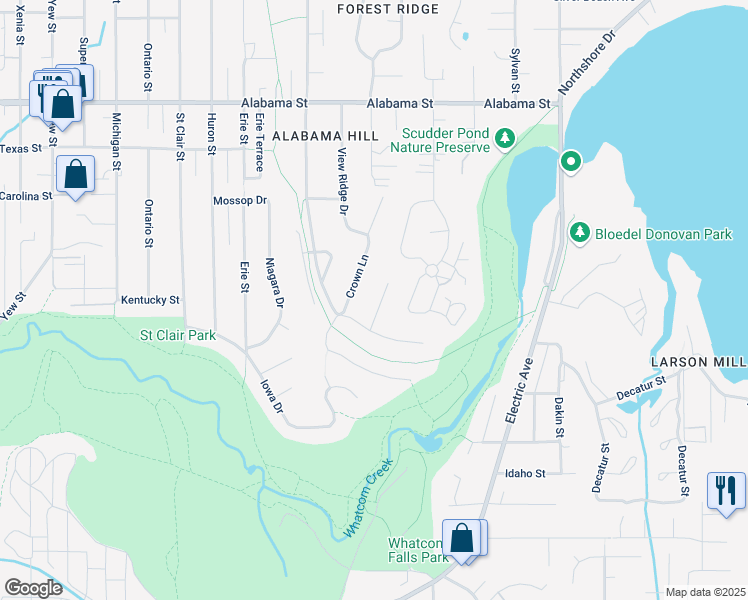map of restaurants, bars, coffee shops, grocery stores, and more near 112 Crestline Drive in Bellingham