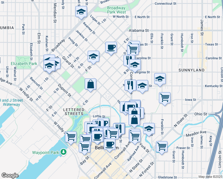 map of restaurants, bars, coffee shops, grocery stores, and more near 2106 B Street in Bellingham