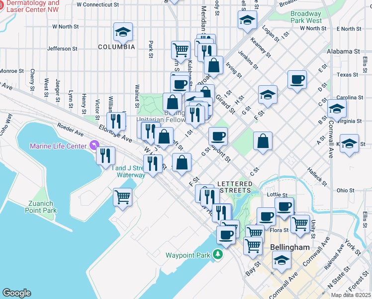 map of restaurants, bars, coffee shops, grocery stores, and more near 1505 G Street in Bellingham