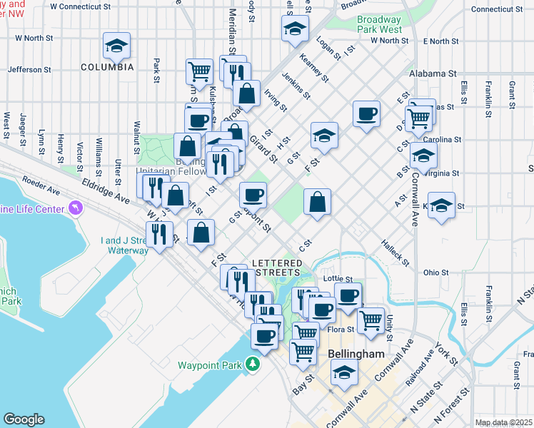 map of restaurants, bars, coffee shops, grocery stores, and more near 1708 F Street in Bellingham