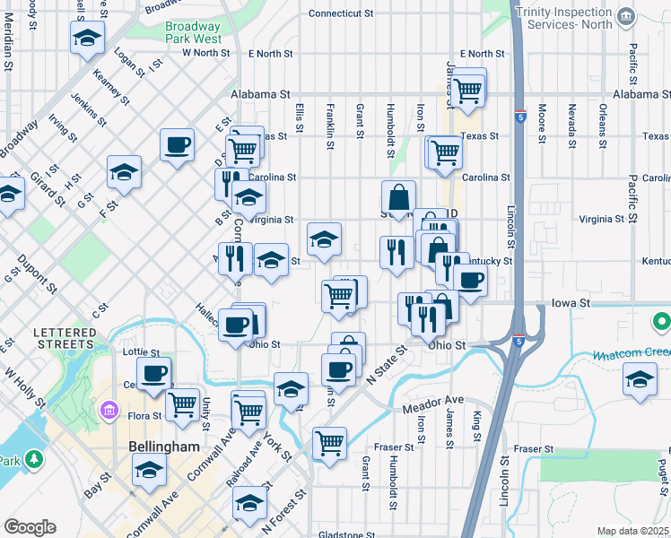 map of restaurants, bars, coffee shops, grocery stores, and more near 2034 Franklin Street in Bellingham