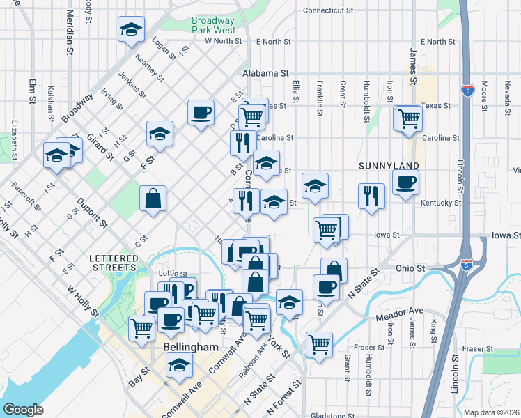 map of restaurants, bars, coffee shops, grocery stores, and more near 2020 Cornwall Avenue in Bellingham
