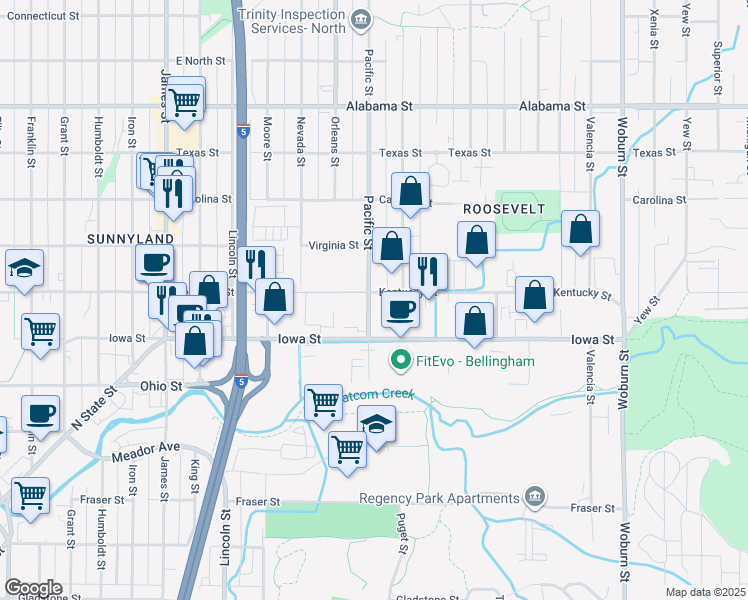 map of restaurants, bars, coffee shops, grocery stores, and more near 2020 Pacific Street in Bellingham