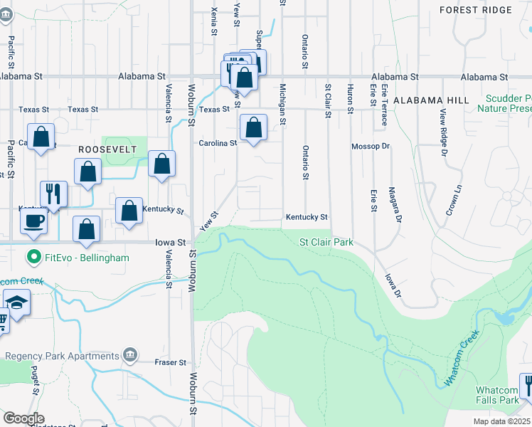map of restaurants, bars, coffee shops, grocery stores, and more near 2502 Kentucky Street in Bellingham