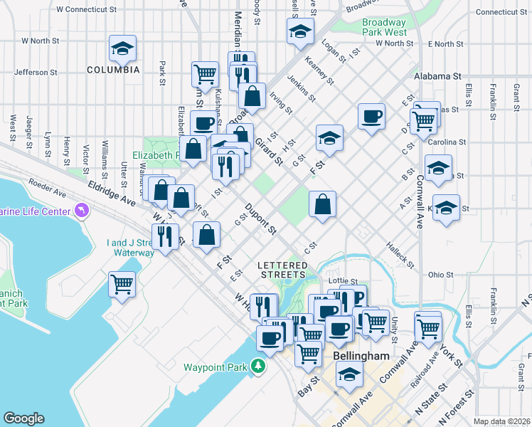 map of restaurants, bars, coffee shops, grocery stores, and more near 1708 F Street in Bellingham