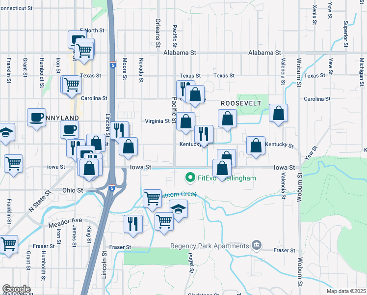 map of restaurants, bars, coffee shops, grocery stores, and more near 1428 Kentucky Street in Bellingham