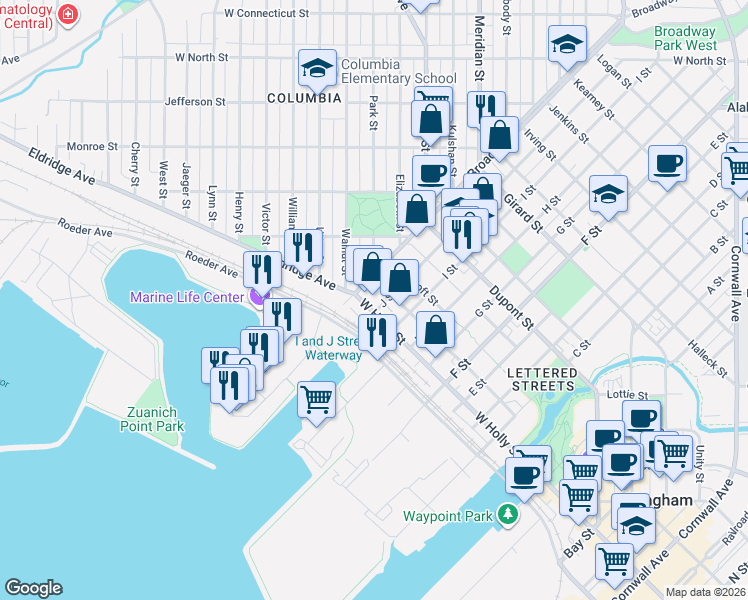 map of restaurants, bars, coffee shops, grocery stores, and more near 1400 West Holly Street in Bellingham