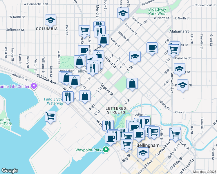 map of restaurants, bars, coffee shops, grocery stores, and more near 1708 F Street in Bellingham