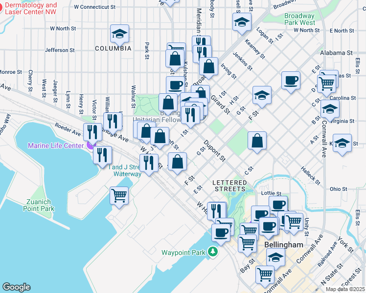 map of restaurants, bars, coffee shops, grocery stores, and more near 1505 G Street in Bellingham