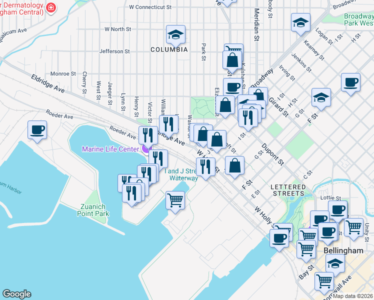 map of restaurants, bars, coffee shops, grocery stores, and more near 1401 West Holly Street in Bellingham