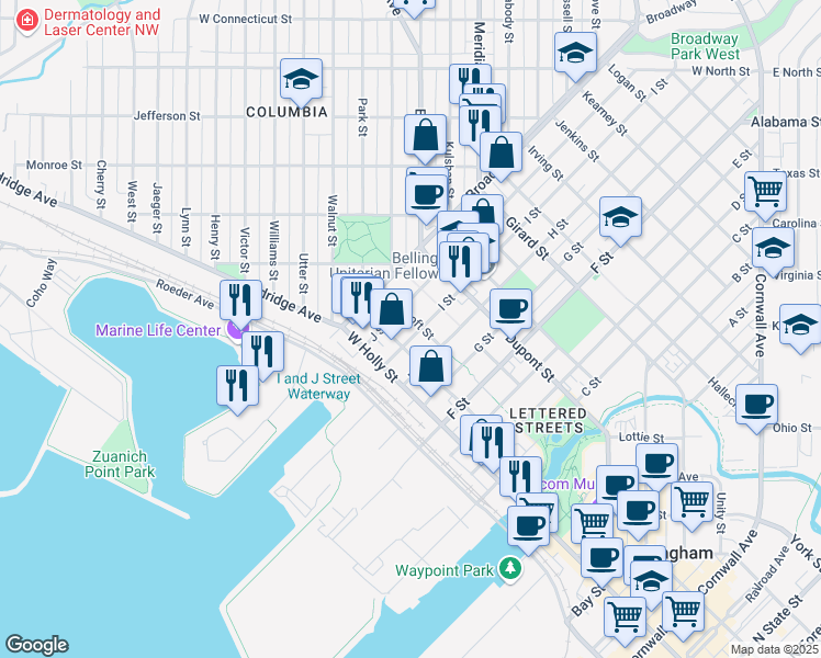 map of restaurants, bars, coffee shops, grocery stores, and more near 1408 I Street in Bellingham