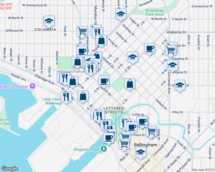 map of restaurants, bars, coffee shops, grocery stores, and more near 1708 F Street in Bellingham