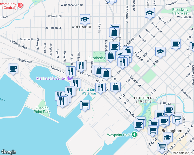 map of restaurants, bars, coffee shops, grocery stores, and more near 1300 Broadway in Bellingham