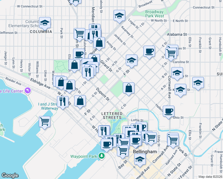 map of restaurants, bars, coffee shops, grocery stores, and more near 1800 F Street in Bellingham