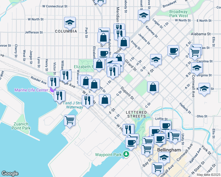 map of restaurants, bars, coffee shops, grocery stores, and more near 1591 H Street in Bellingham