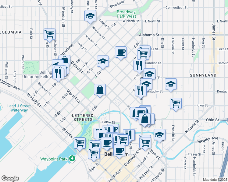 map of restaurants, bars, coffee shops, grocery stores, and more near 2014 C Street in Bellingham