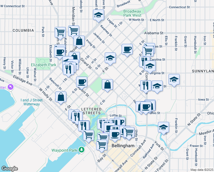 map of restaurants, bars, coffee shops, grocery stores, and more near 1915 D Street in Bellingham