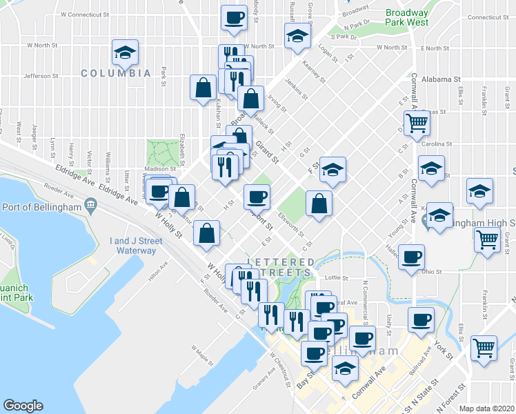 map of restaurants, bars, coffee shops, grocery stores, and more near 1610 G Street in Bellingham