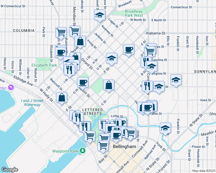 map of restaurants, bars, coffee shops, grocery stores, and more near 1915 D Street in Bellingham