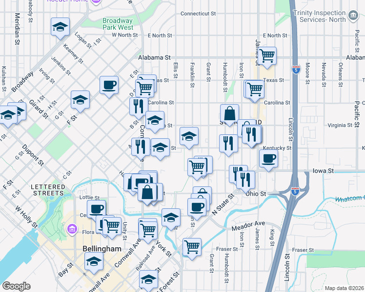 map of restaurants, bars, coffee shops, grocery stores, and more near 2100 Ellis Street in Bellingham