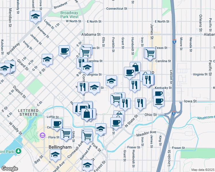 map of restaurants, bars, coffee shops, grocery stores, and more near 2100 Ellis Street in Bellingham