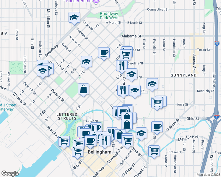 map of restaurants, bars, coffee shops, grocery stores, and more near 414 Irving Street in Bellingham