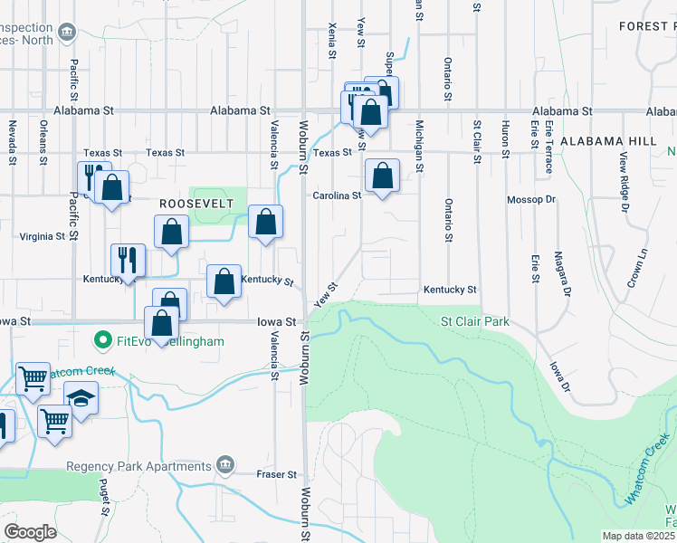 map of restaurants, bars, coffee shops, grocery stores, and more near 2101 Yew Street in Bellingham