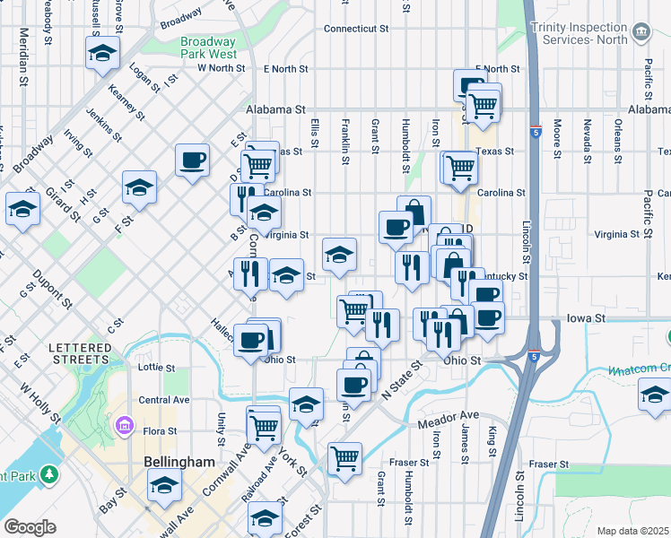 map of restaurants, bars, coffee shops, grocery stores, and more near 2034 Franklin Street in Bellingham