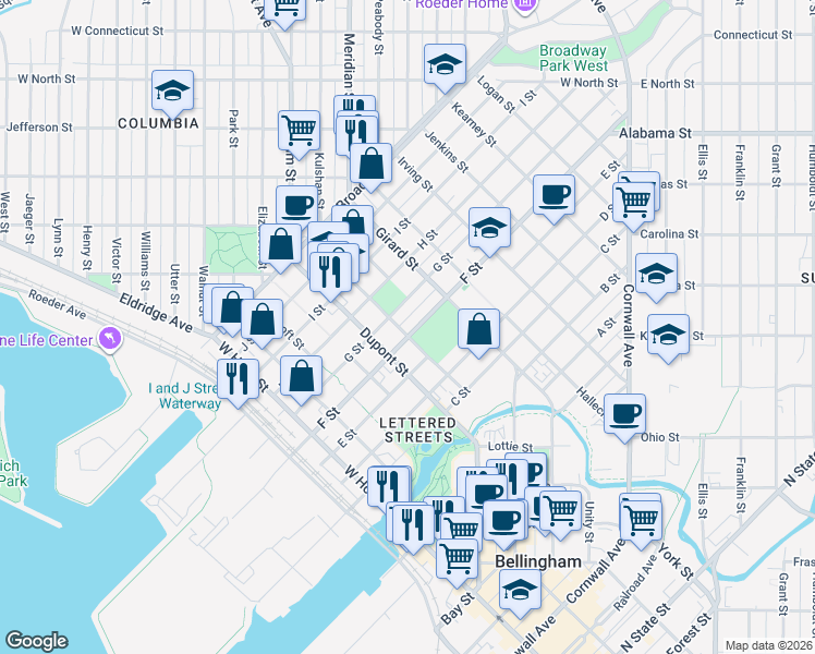 map of restaurants, bars, coffee shops, grocery stores, and more near 1801 F Street in Bellingham