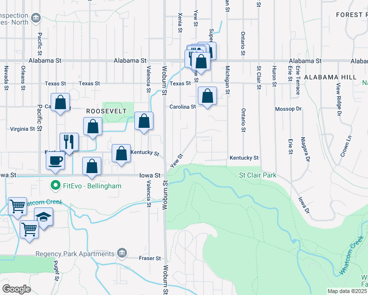 map of restaurants, bars, coffee shops, grocery stores, and more near 2101 Yew Street in Bellingham