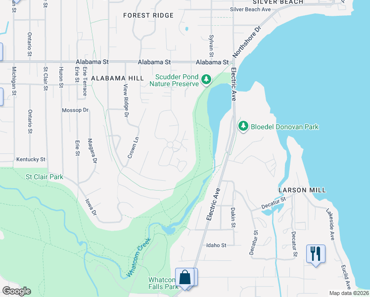 map of restaurants, bars, coffee shops, grocery stores, and more near 2134 Birch Circle in Bellingham