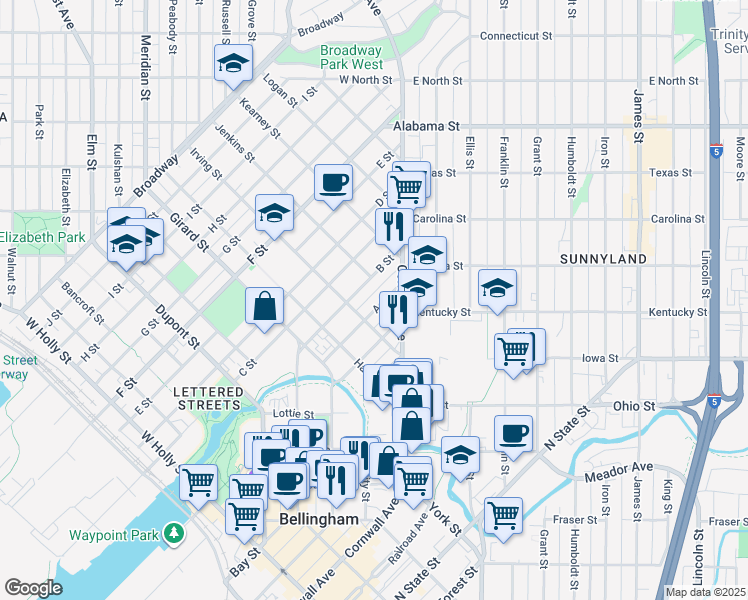 map of restaurants, bars, coffee shops, grocery stores, and more near 414 Irving Street in Bellingham