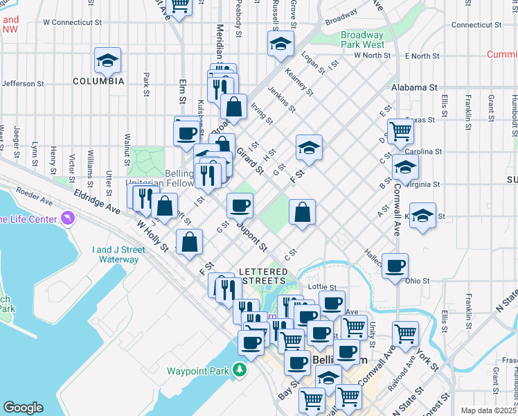 map of restaurants, bars, coffee shops, grocery stores, and more near 1708 F Street in Bellingham
