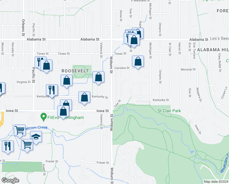 map of restaurants, bars, coffee shops, grocery stores, and more near 2110 Woburn Street in Bellingham