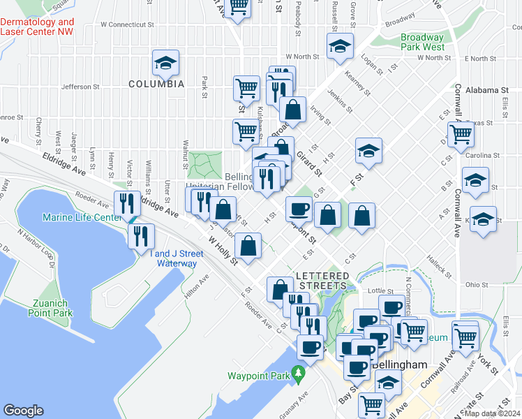 map of restaurants, bars, coffee shops, grocery stores, and more near 1505 G Street in Bellingham