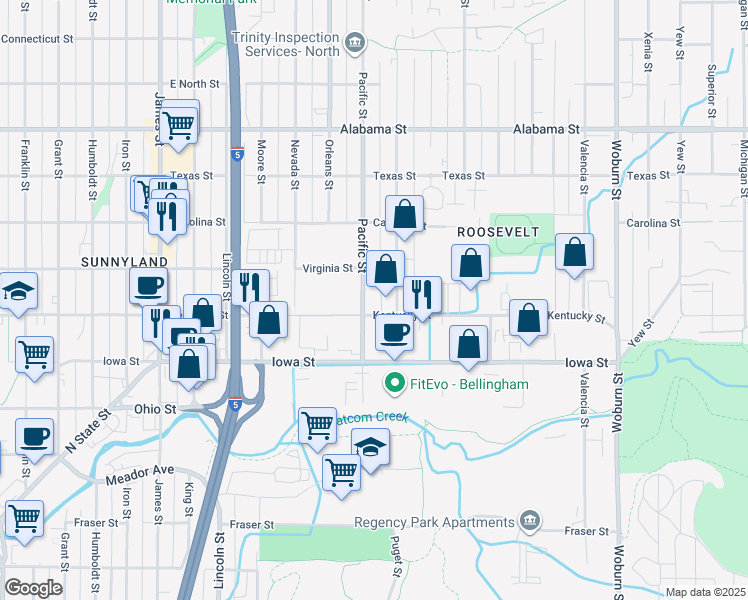 map of restaurants, bars, coffee shops, grocery stores, and more near 1428 Kentucky Street in Bellingham