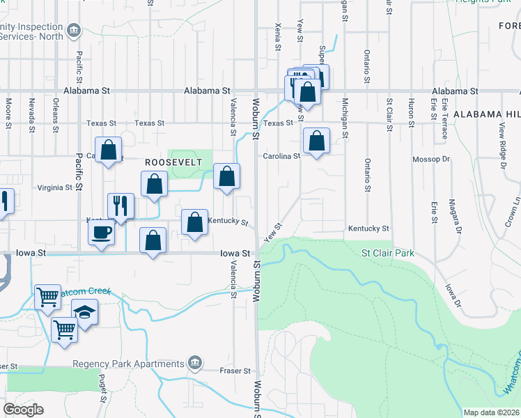 map of restaurants, bars, coffee shops, grocery stores, and more near 2112 Woburn Street in Bellingham