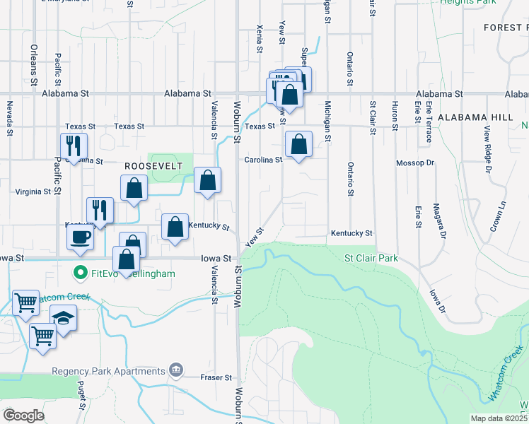 map of restaurants, bars, coffee shops, grocery stores, and more near 2202 Xenia Street in Bellingham