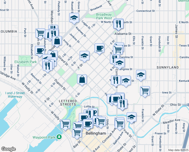 map of restaurants, bars, coffee shops, grocery stores, and more near 804 Irving Street in Bellingham