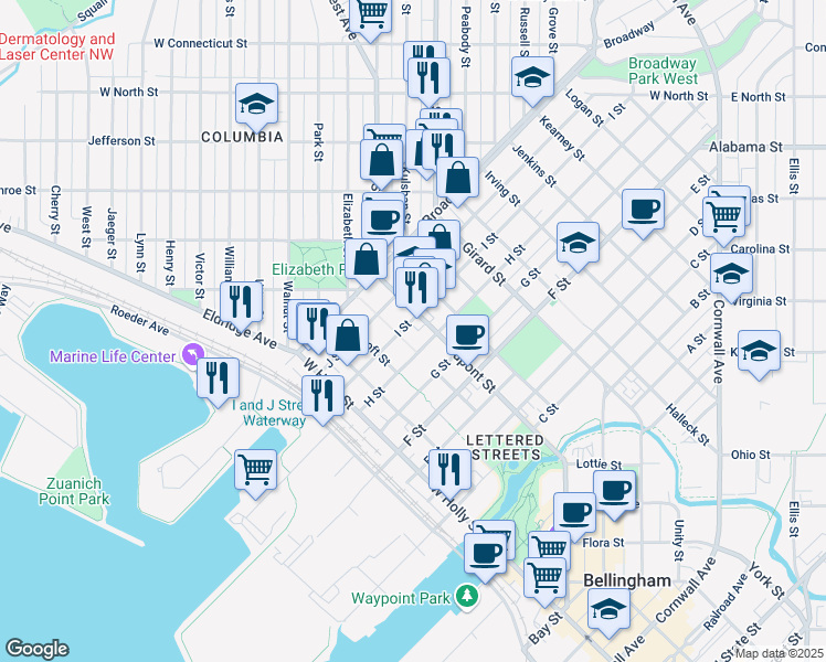 map of restaurants, bars, coffee shops, grocery stores, and more near 1306 Dupont Street in Bellingham