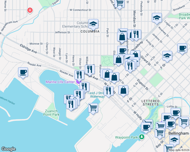 map of restaurants, bars, coffee shops, grocery stores, and more near 2121 Utter Street in Bellingham