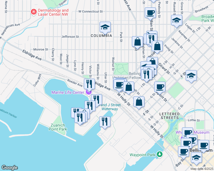 map of restaurants, bars, coffee shops, grocery stores, and more near 2121 Utter Street in Bellingham