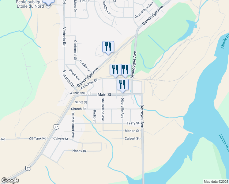 map of restaurants, bars, coffee shops, grocery stores, and more near 190 Main Street in Iroquois Falls