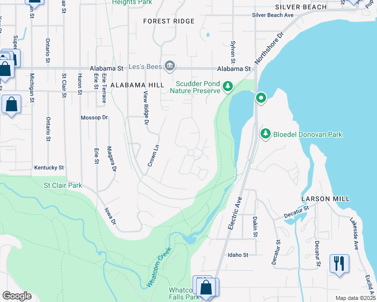 map of restaurants, bars, coffee shops, grocery stores, and more near 2112 Birch Circle in Bellingham