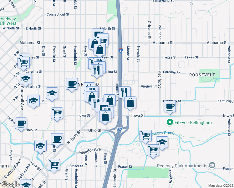 map of restaurants, bars, coffee shops, grocery stores, and more near 920 Virginia Street in Bellingham