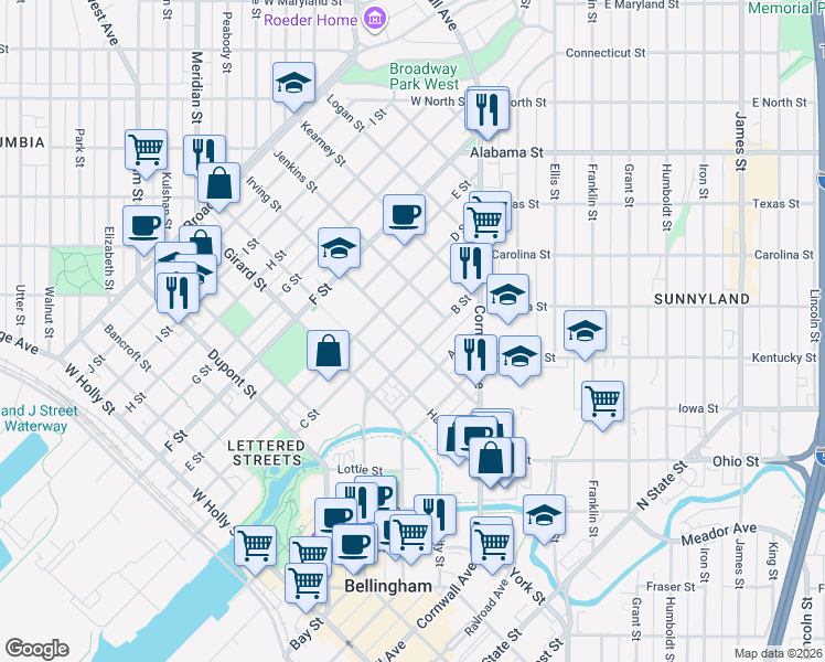 map of restaurants, bars, coffee shops, grocery stores, and more near 2211 C Street in Bellingham